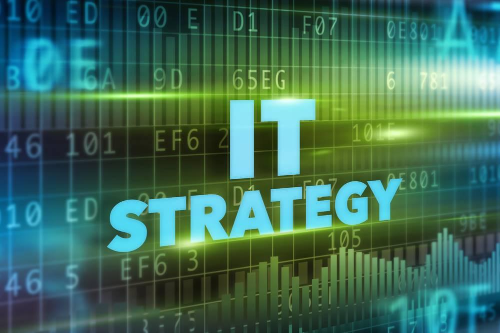IT strategy concept green background blue text