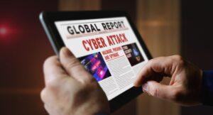 Cyber attack and digital security newspaper on mobile tablet screen