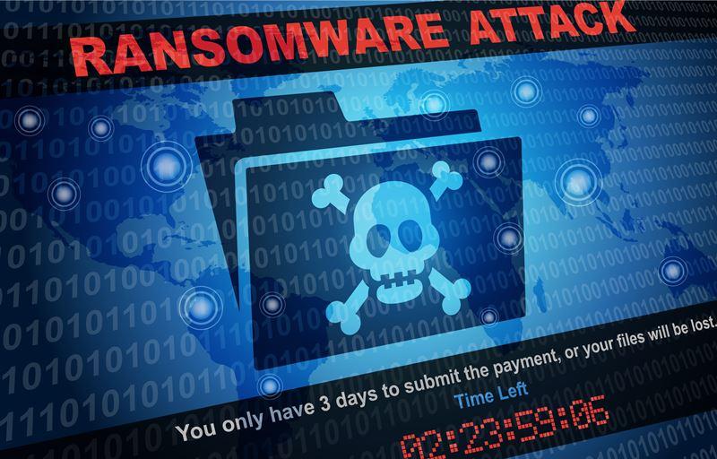 Image with skull and crossbones and Ransomware Attack written in red at the top